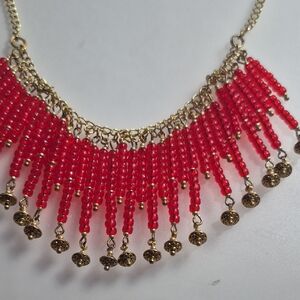 Vintage Handmade Red Beaded Knecklace Earring Set